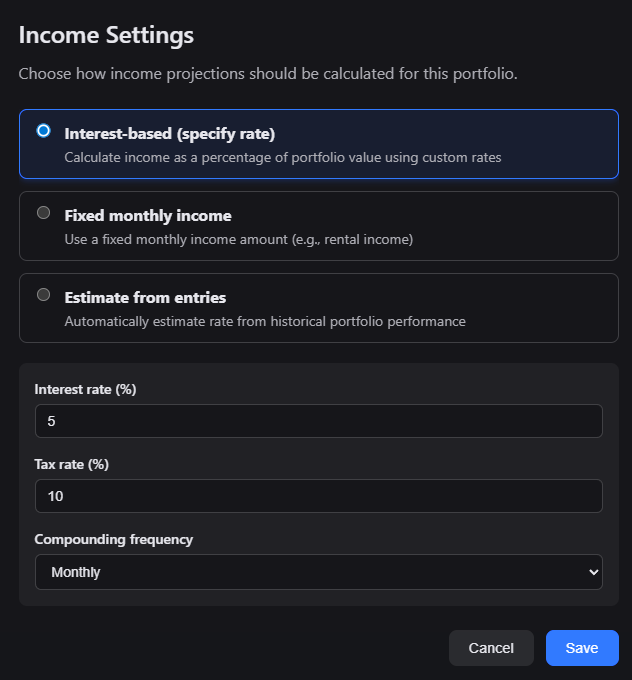 Update portfolio income settings